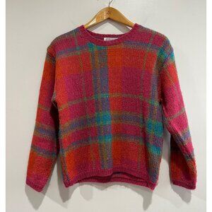 VTG Gallagher Mohair Blend Crewneck Sweater Womens S Pink Orange Plaid 90s